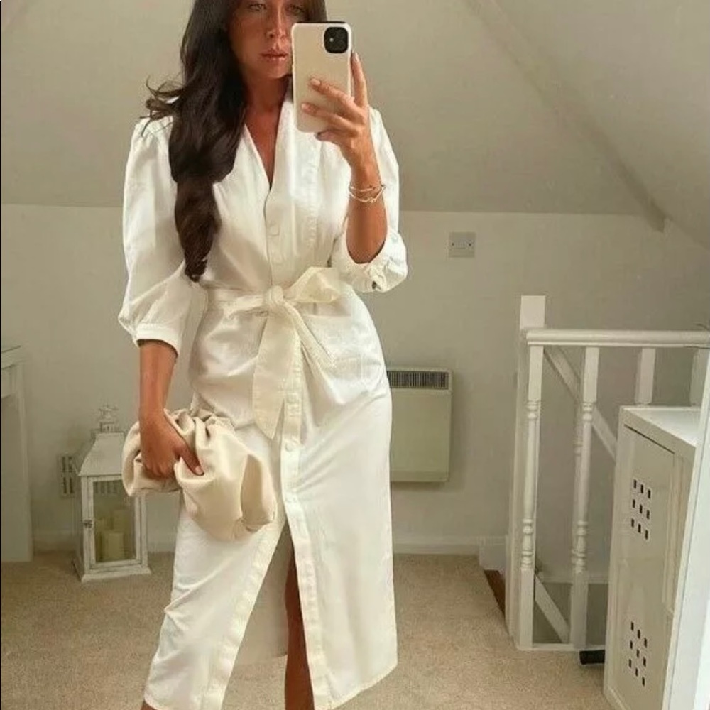 Zara Rustic Tie Belted Linen Midi Dress Buttons